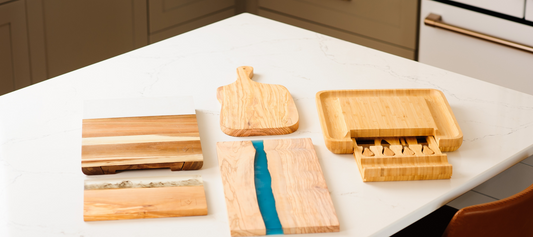 What materials are popular for charcuterie boards, wine racks, and serveware?