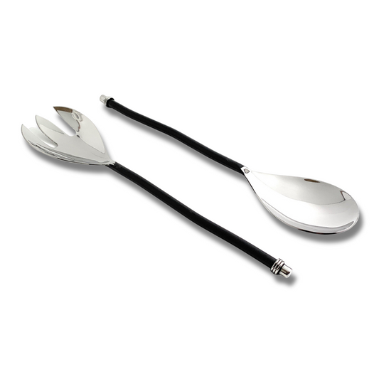 Stainless Steel Black Handle Server Set | Black Fork and Spoon with Wire Top