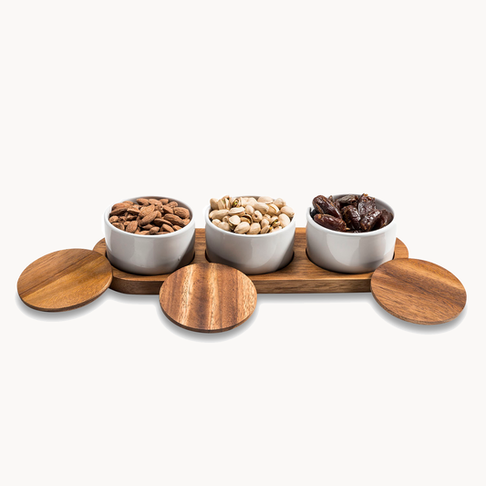 Round White Condiment Bowls With Lids and Acacia Wood Serving Tray | Ceramic Set