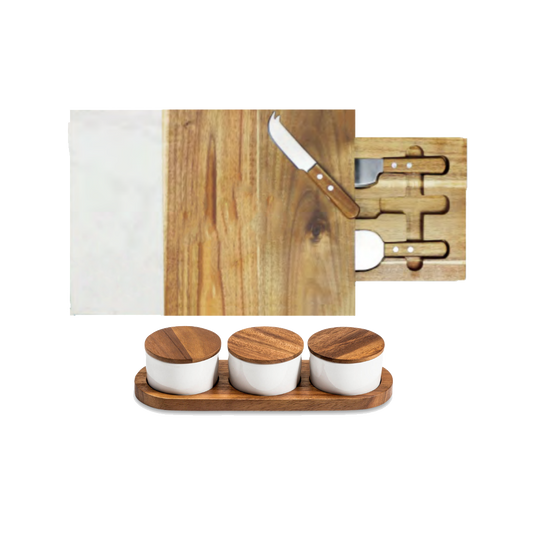 Marble and Acacia Charcuterie Board Gift Set with Knives and Serving Bowls