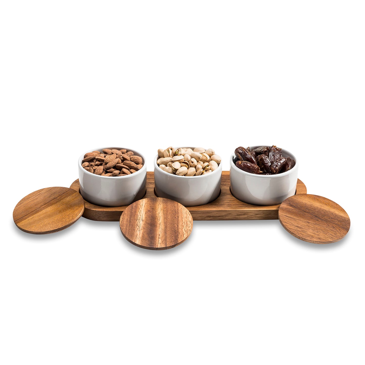 Round White Condiment Bowls With Lids and Acacia Wood Serving Tray | Ceramic Set