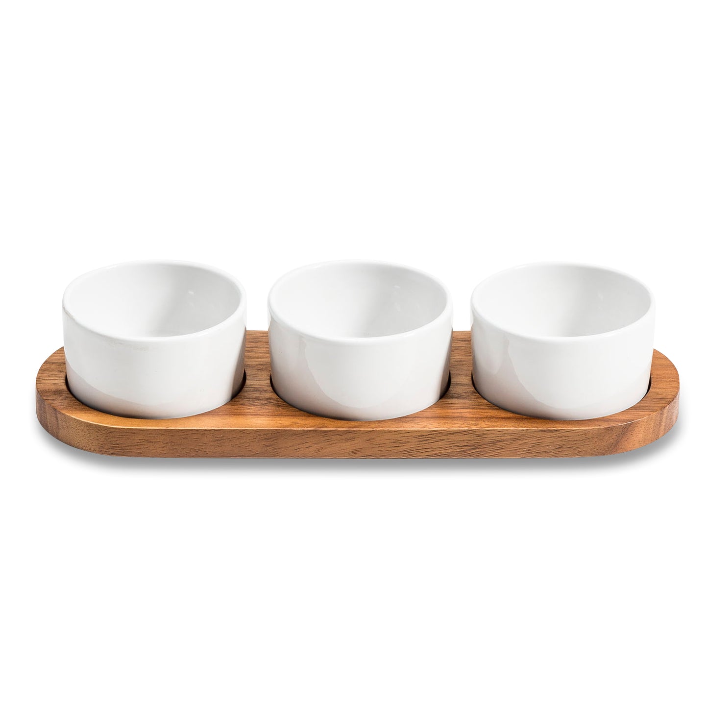 Round White Condiment Bowls With Lids and Acacia Wood Serving Tray | Ceramic Set