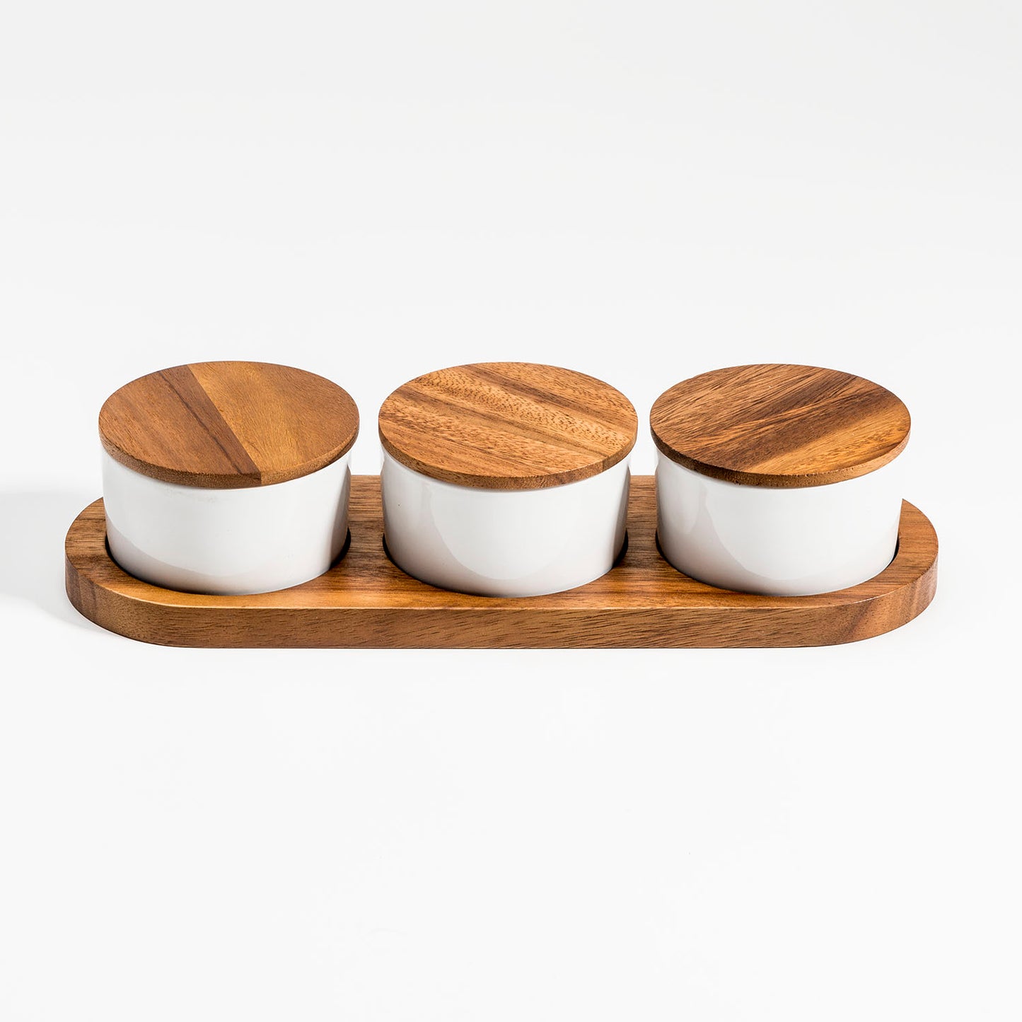 Round White Condiment Bowls With Lids and Acacia Wood Serving Tray | Ceramic Set