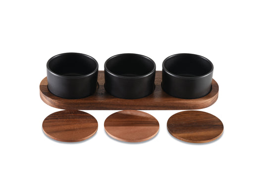 Round Black Condiment Bowls With Lids and Acacia Wood Serving Tray | Ceramic Set
