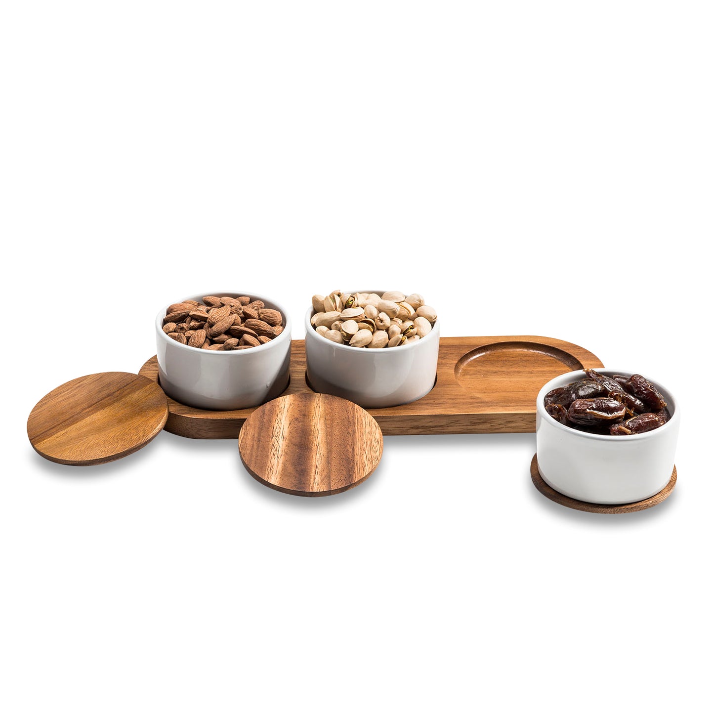 Round White Condiment Bowls With Lids and Acacia Wood Serving Tray | Ceramic Set