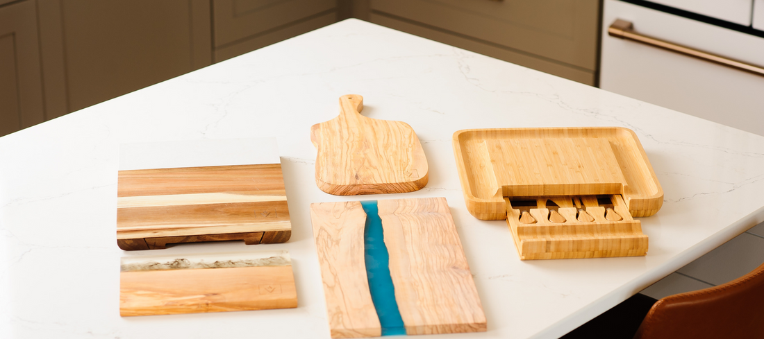 What materials are popular for charcuterie boards, wine racks, and serveware?