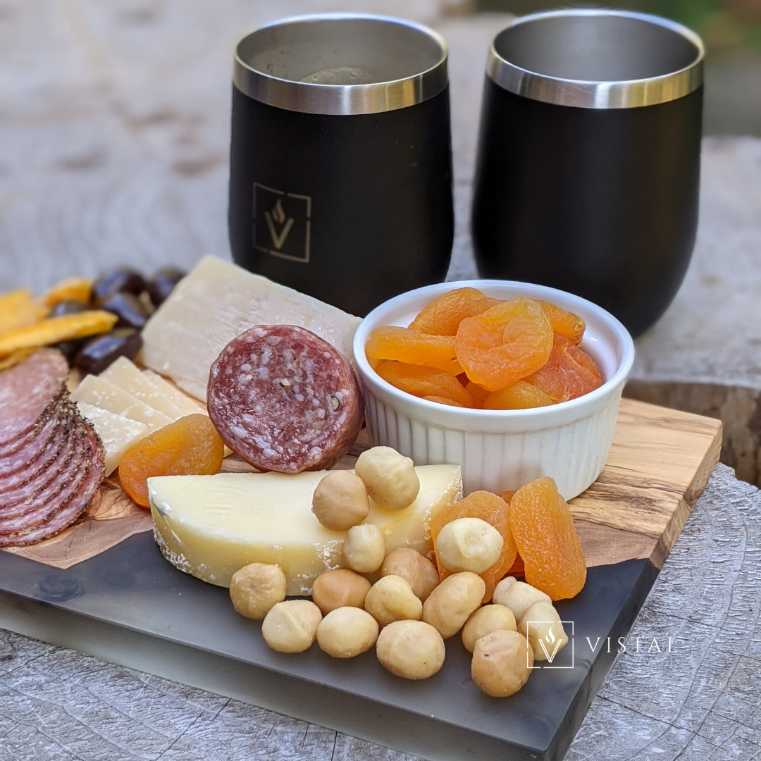 Olive Wood Charcuterie Board with Tumblers | smokey grey epoxy resin