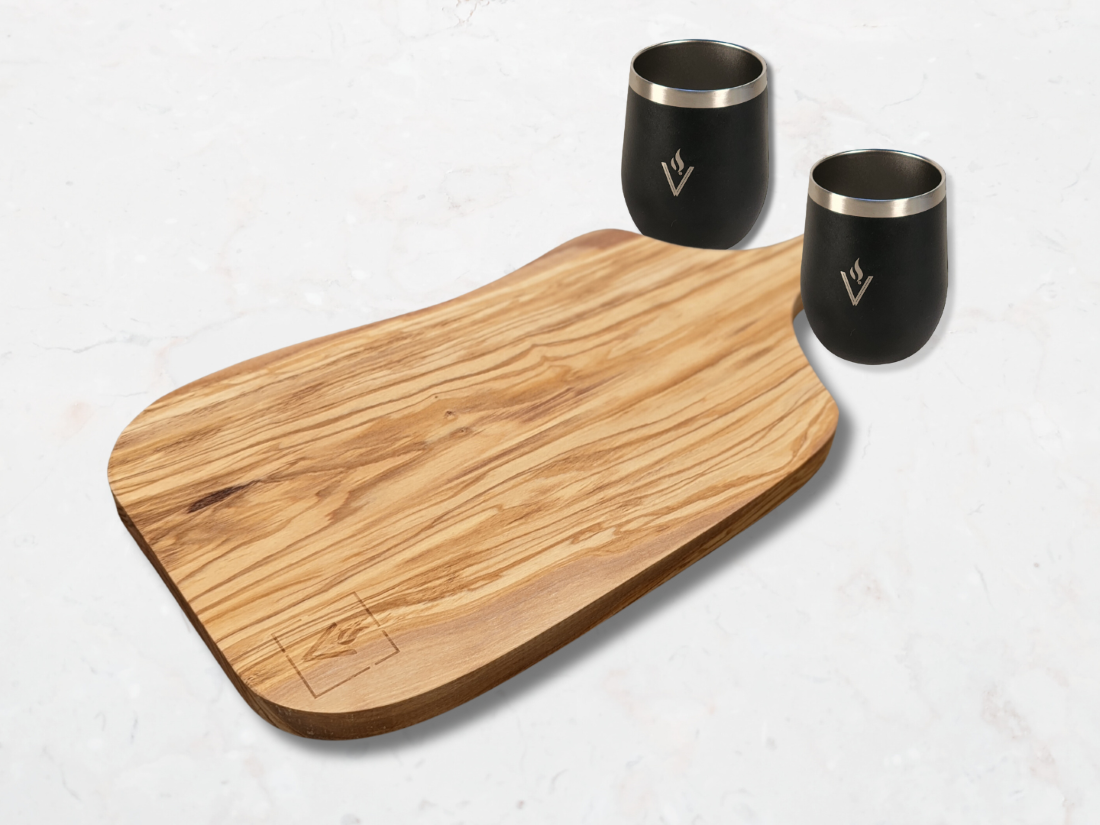 Olive wood charcuterie board with tumblers