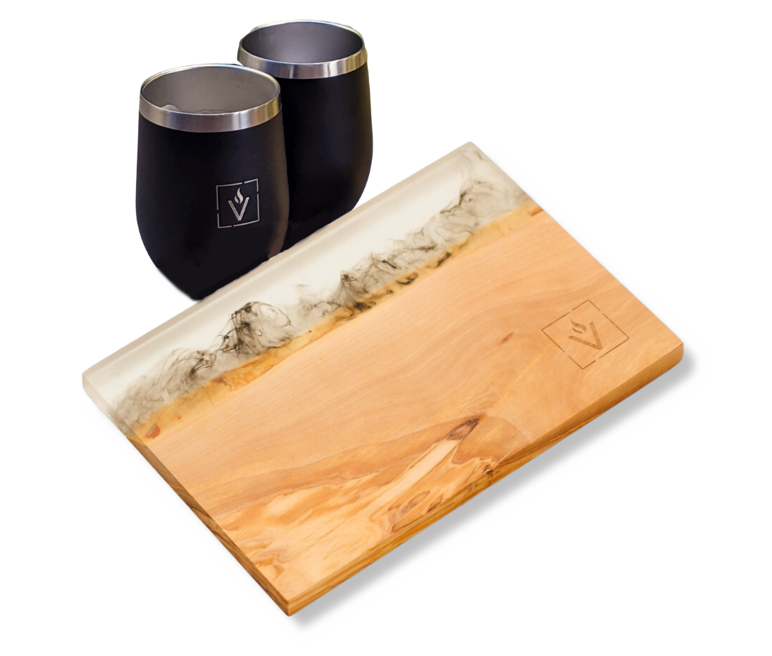 Olive Wood Charcuterie Board with Tumblers | smokey grey epoxy resin