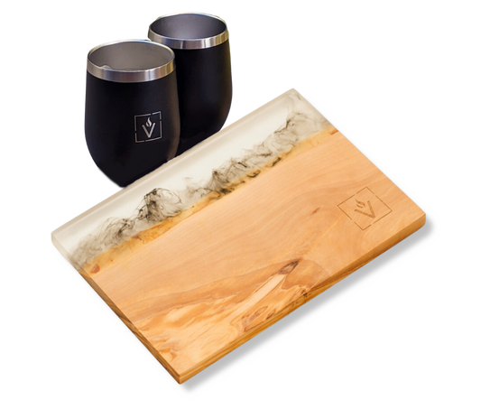 Olive Wood Charcuterie Board with Tumblers | smokey grey epoxy resin