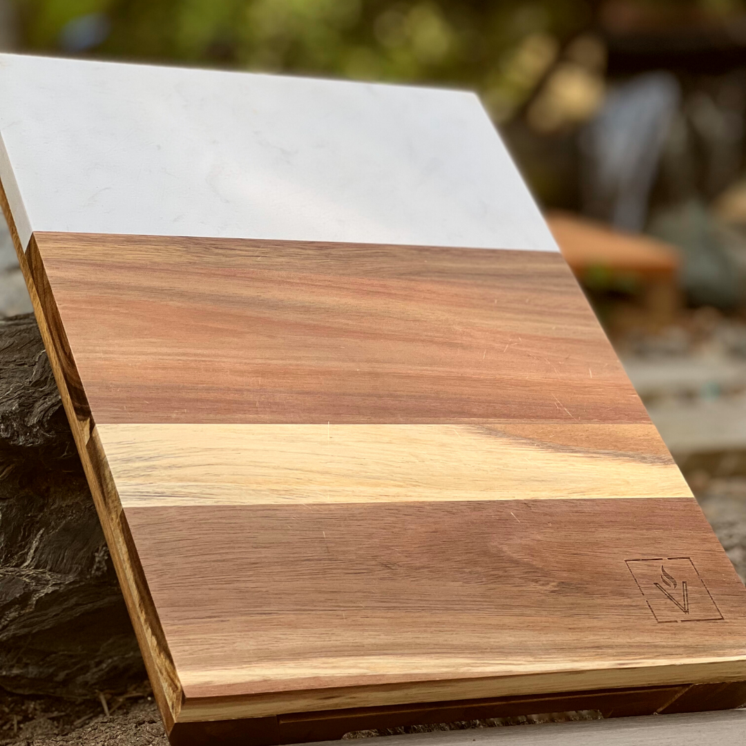 Marble and Acacia Charcuterie Board Set with Cheese Knives