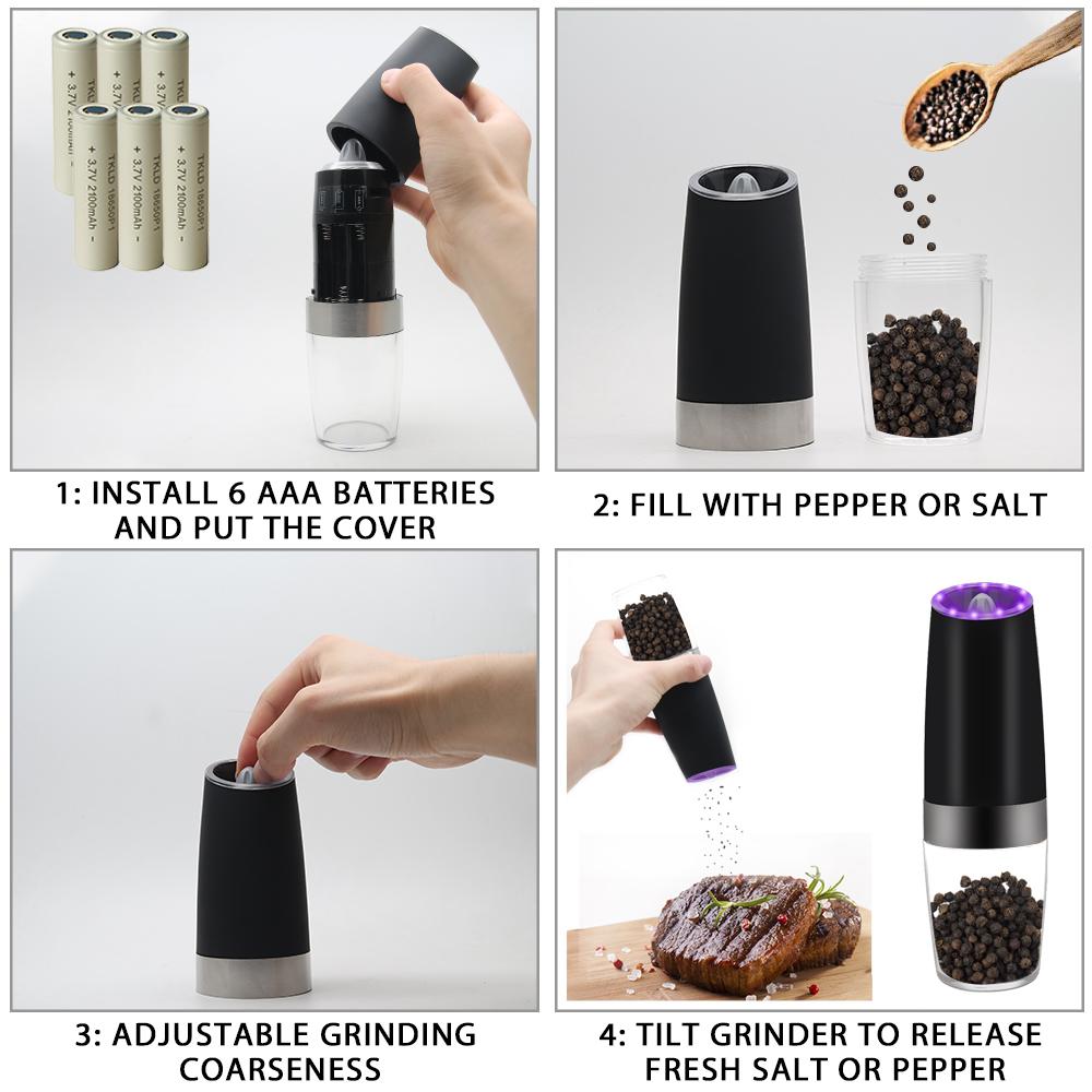 Automatic Salt and Pepper Grinder with LED Light Set Gravity Adjustable  Ceramic Electric Pepper Shaker Spice Mill Kitchen Tools