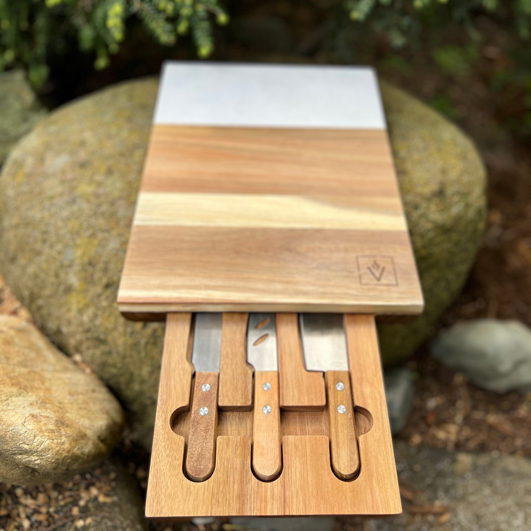 Marble and Acacia Charcuterie Board Set with Cheese Knives