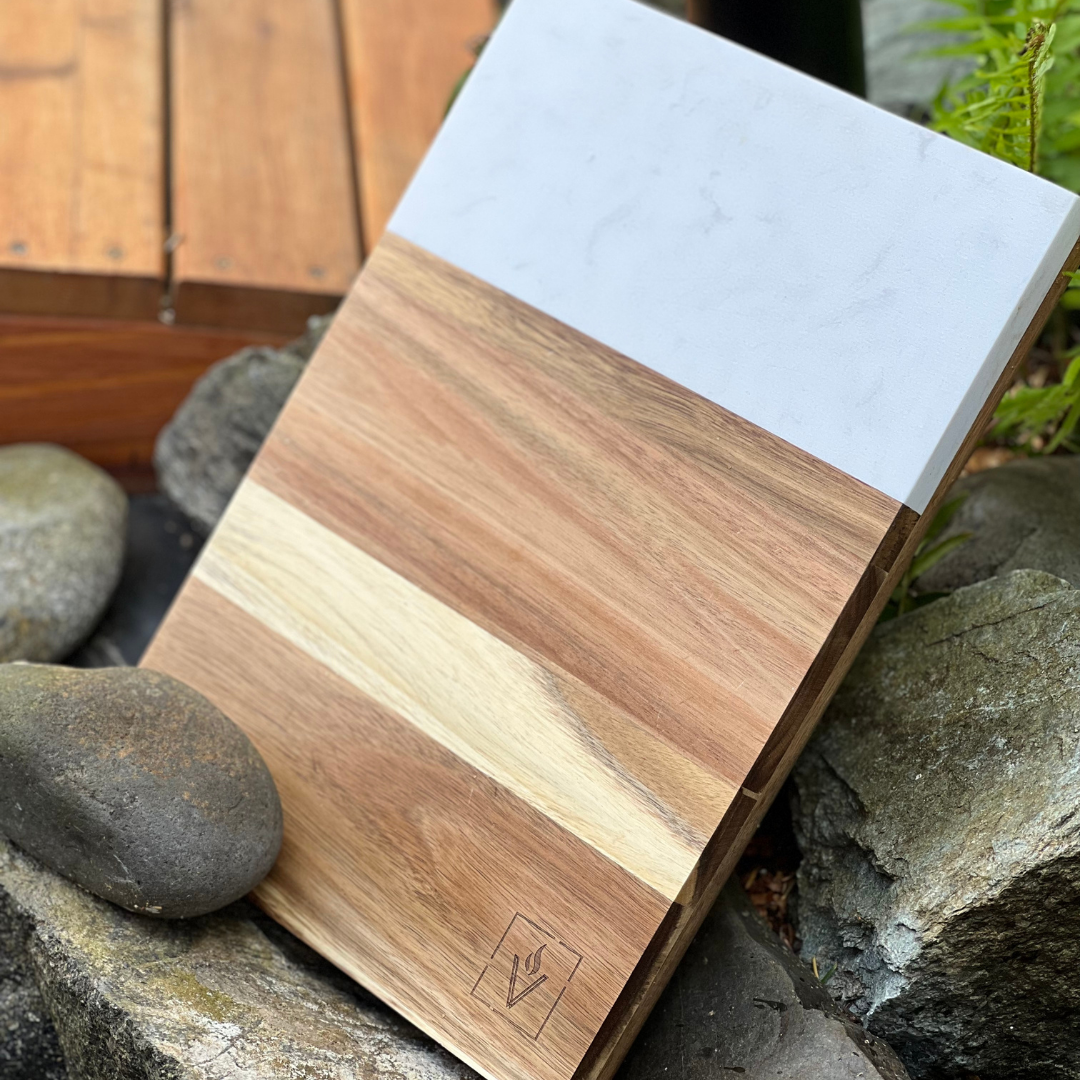 Marble and Acacia Charcuterie Board Set with Cheese Knives