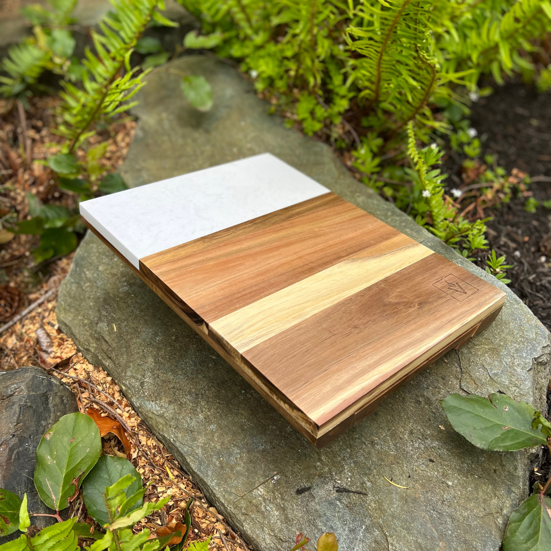 Marble and Acacia Charcuterie Board Set with Cheese Knives