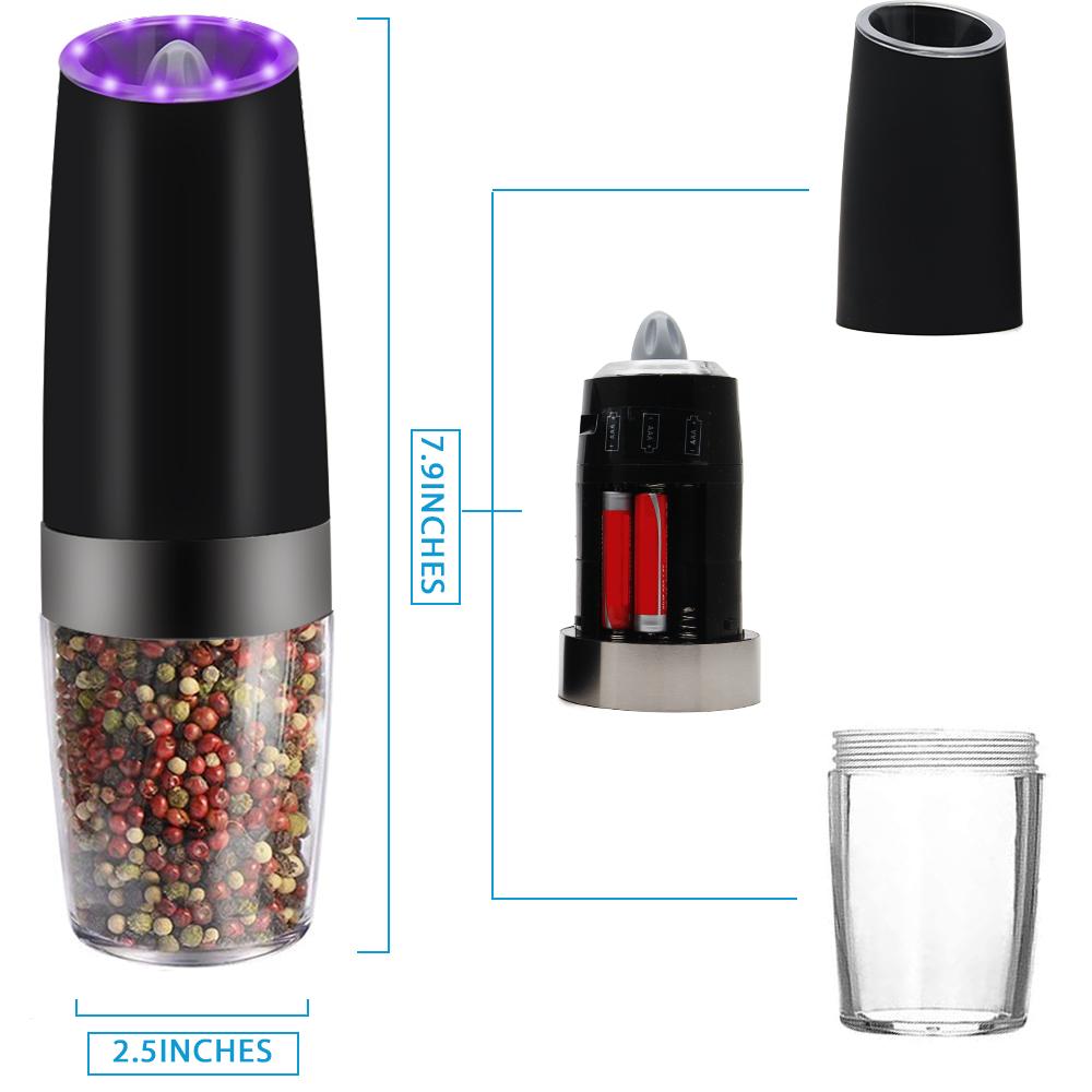 Gravity Salt and Pepper Mill Set, Pepper Grinder with Ceramic Rotor,  Acrylic Container,Stainless Steel Middle, Blue LED Light,Battery Powered