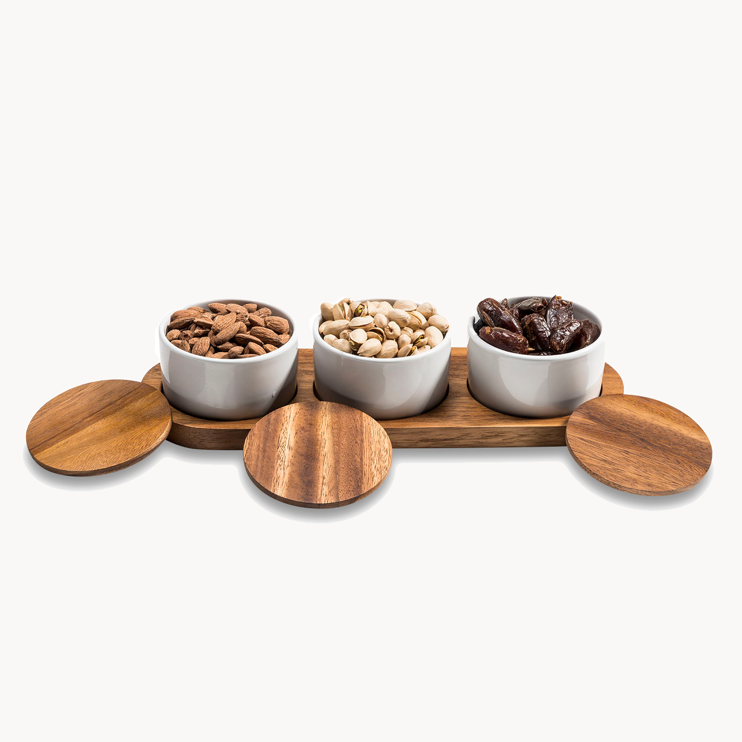 Round White Condiment Bowls With Lids and Acacia Wood Serving Tray | Ceramic Set