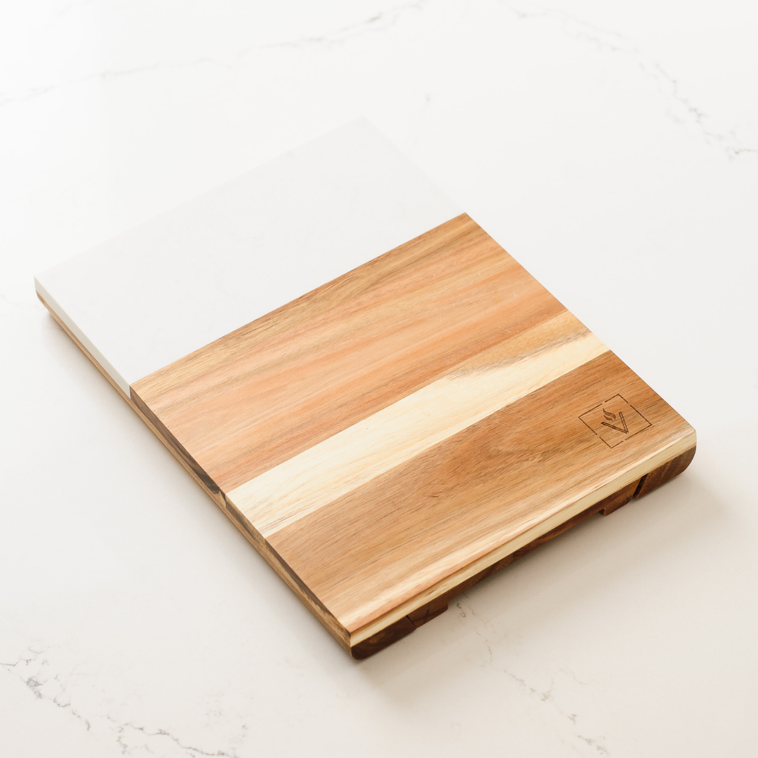 Marble and Acacia Charcuterie Board Set with Cheese Knives