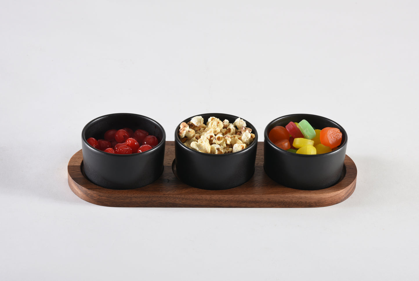 Round Black Condiment Bowls With Lids and Acacia Wood Serving Tray | Ceramic Set