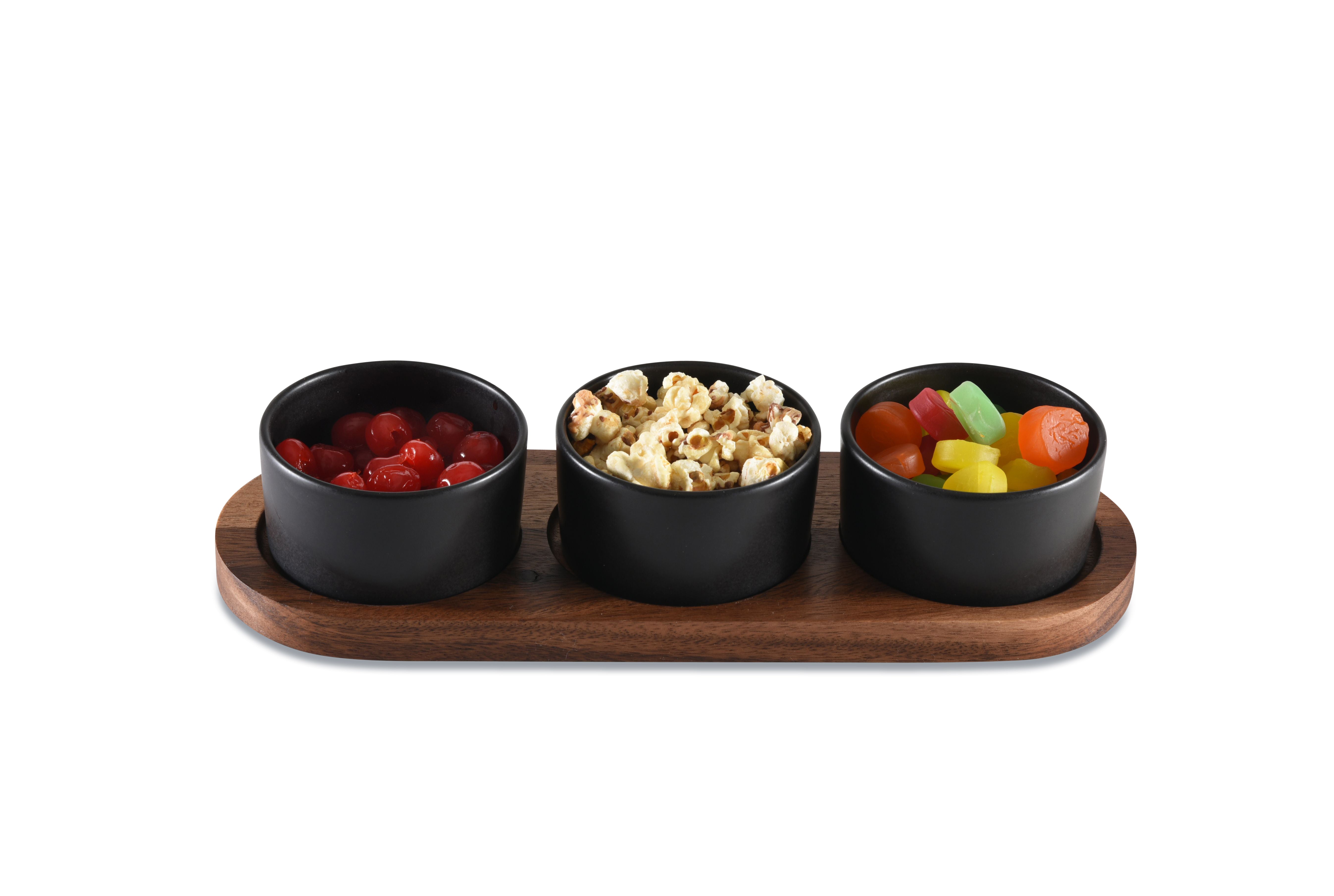 Round Black Condiment Bowls With Lids and Acacia Wood Serving Tray Ceramic Set