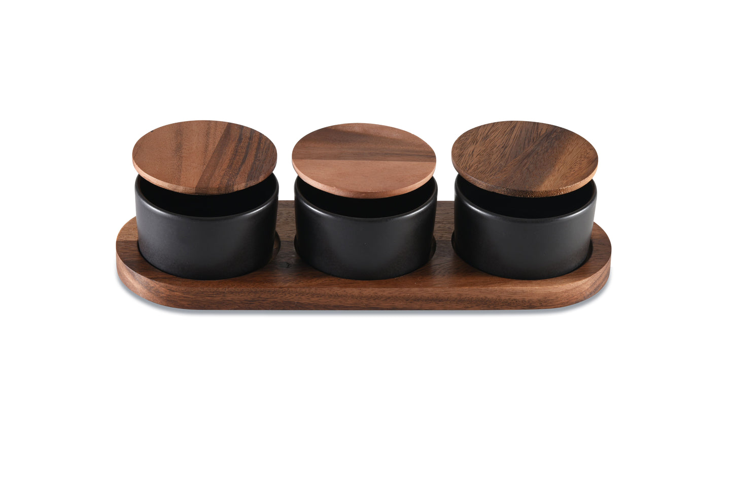 Round Black Condiment Bowls With Lids and Acacia Wood Serving Tray | Ceramic Set